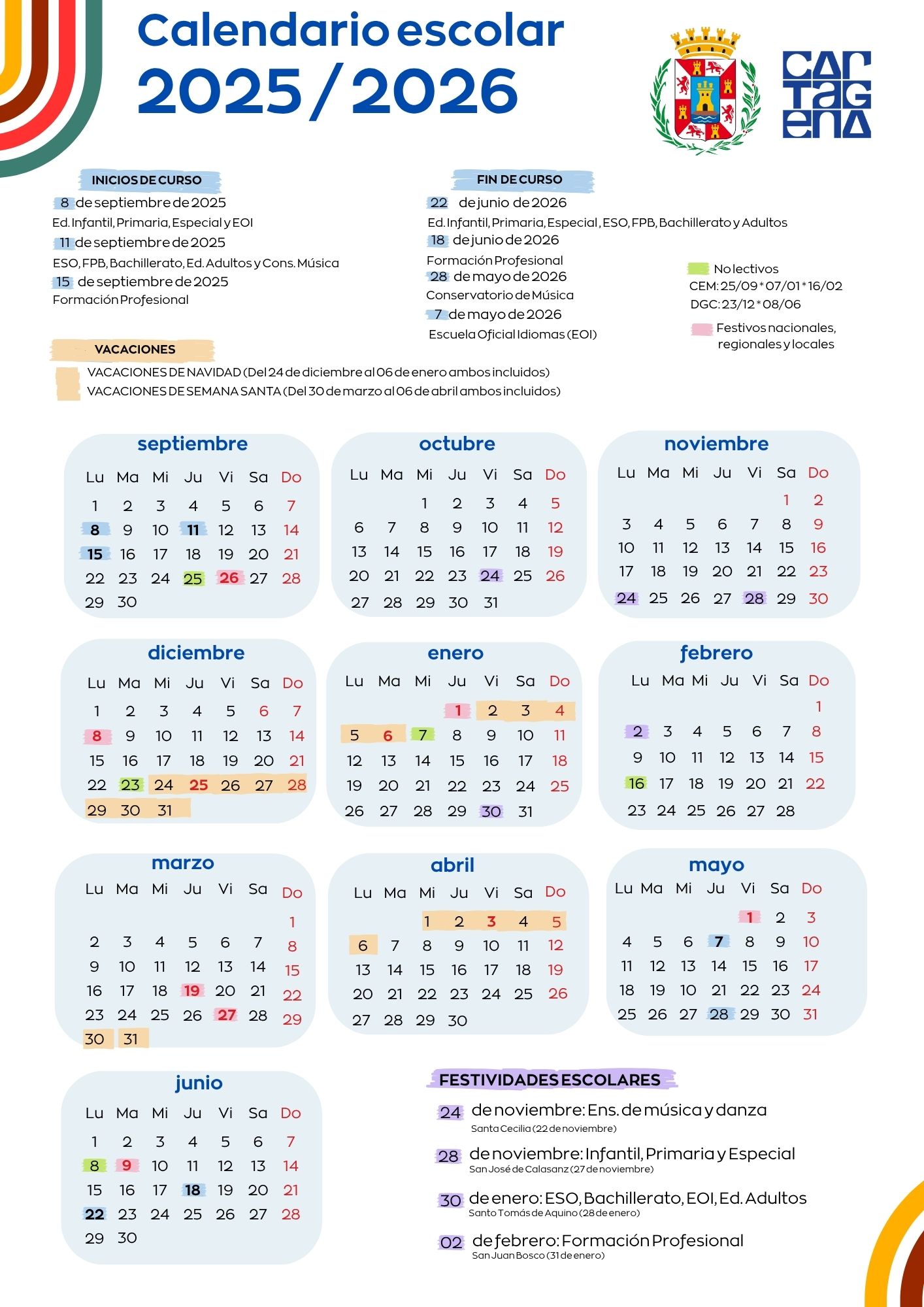 Calendario escolar 25/26 en el municipio de Cartagena
